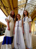 White traditional Ethiopian dress with blue / pink / green color blocks