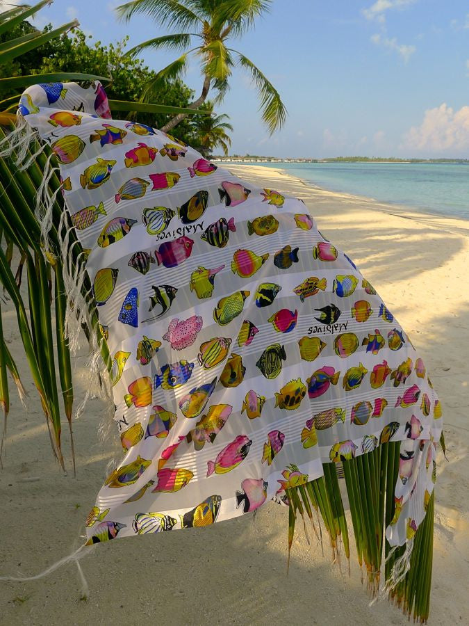 White Sarong with multicolor fish print from Maldive Islands