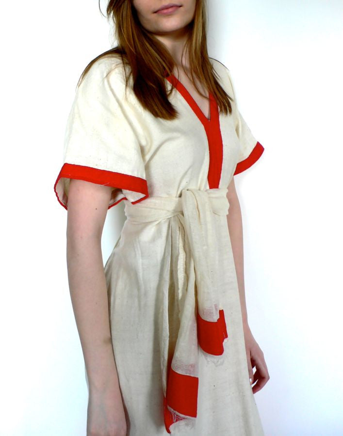 White traditional Ethiopian dress with blue / pink / green color block FTWWL White traditional Ethiopian dress with blue / pink / green color block FTWWL