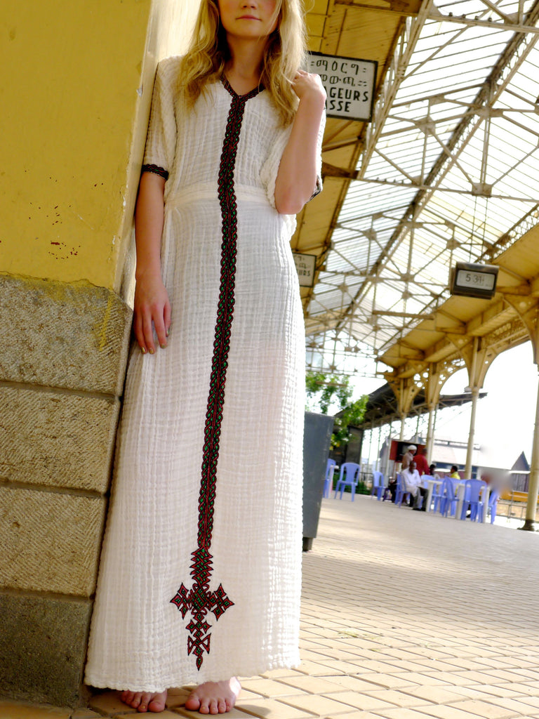White traditional Ethiopian dress with Green Red and Gold, cross embro FTWWL White traditional Ethiopian dress with Green Red and Gold, cross embro FTWWL
