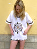 White traditional Ethiopian tunic with multicolored cross embroidered motif