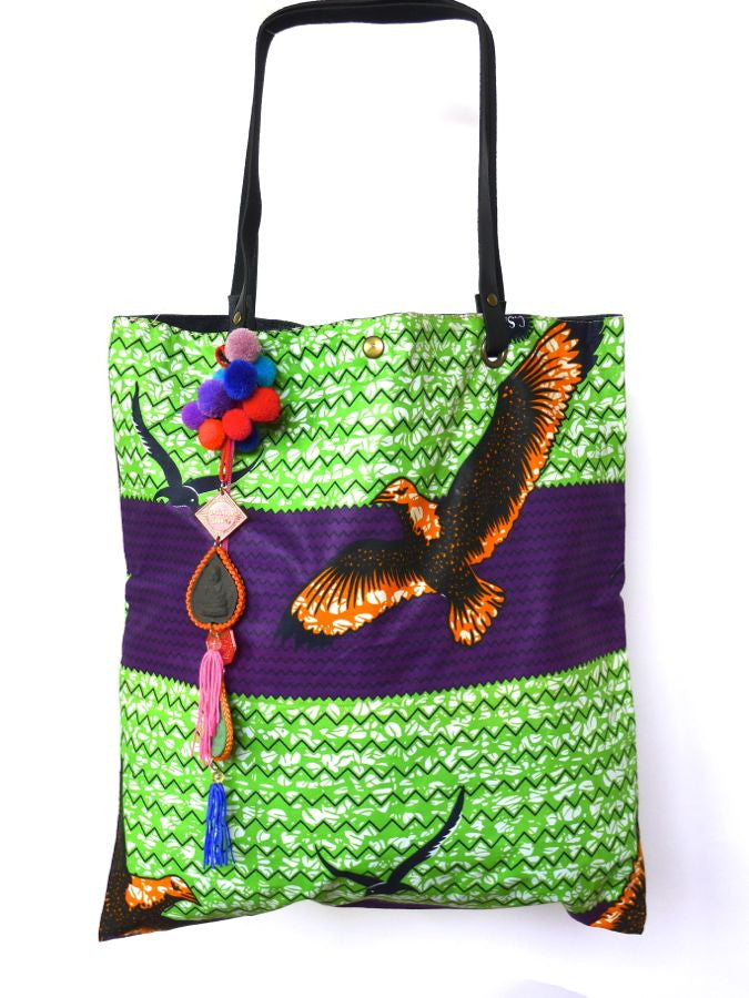 Green African Style Batik print bag with Thai detailing